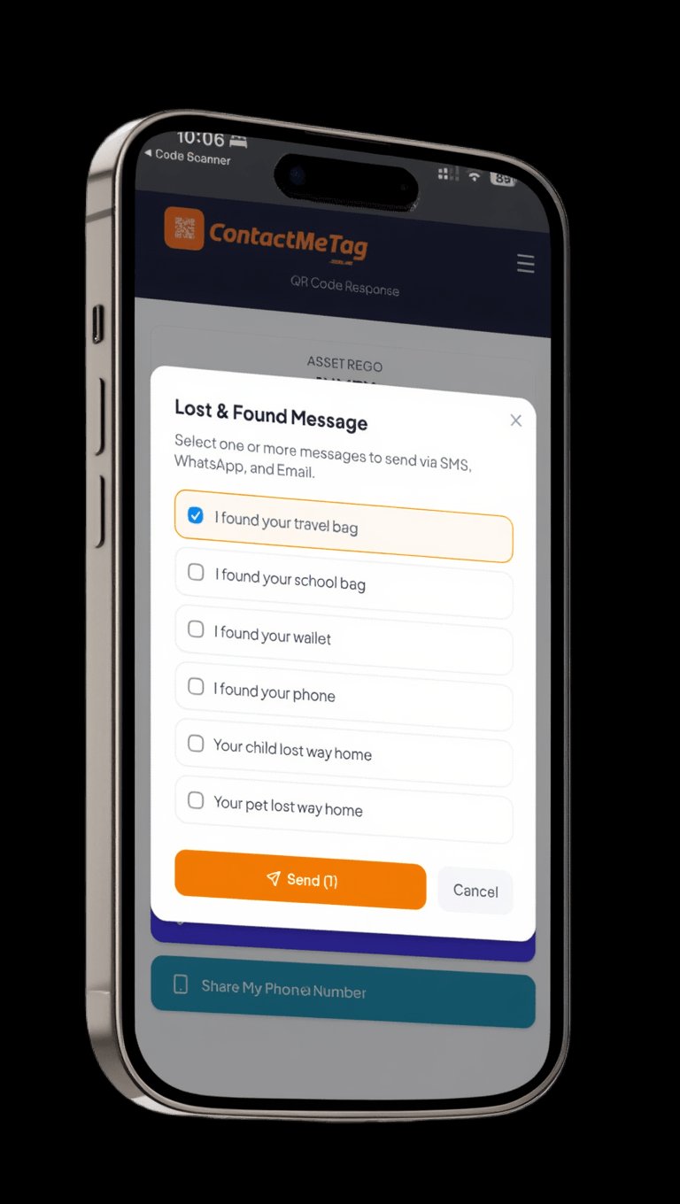 Lost and Found Message dialog with options like found travel bag, school bag, wallet, phone, child or pet lost